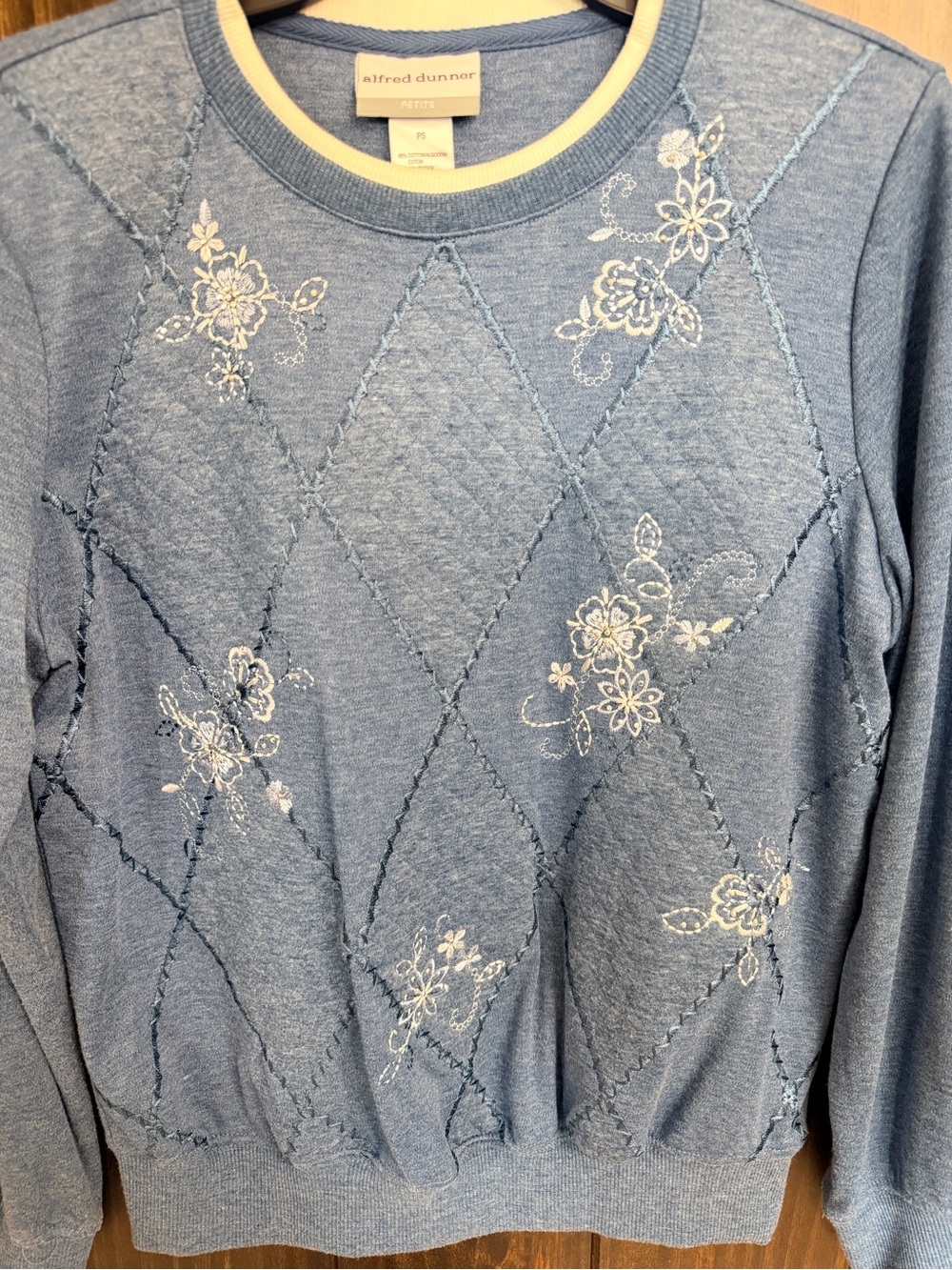 Alfred Dunner Denim-Blue Quilted Floral Crewneck Sweater-Petite Small - Picture 10 of 10